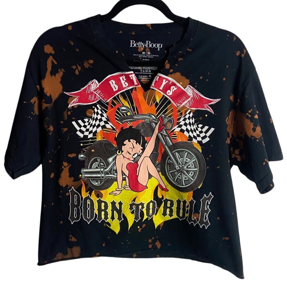 Betty Boop Size Medium Graphic Black Tee Shirt Motorcycle Acid Wash Cropped Punk